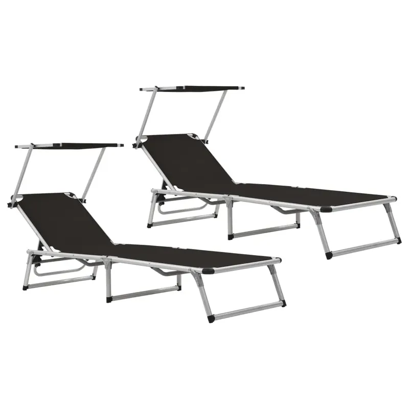 Schwarze Sonnenliege 186x58x75-105 cm mit verstellbarem Sonnendach Markenware
