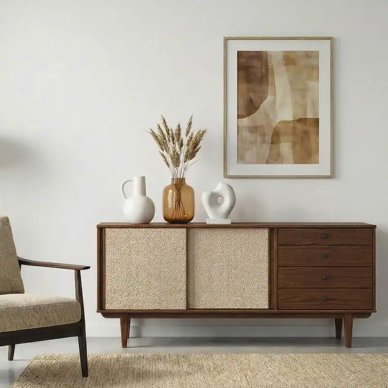 Markenprodukt Sideboard SIMONA aus Massivholz mit Rattan Geflecht – Kastanie farben