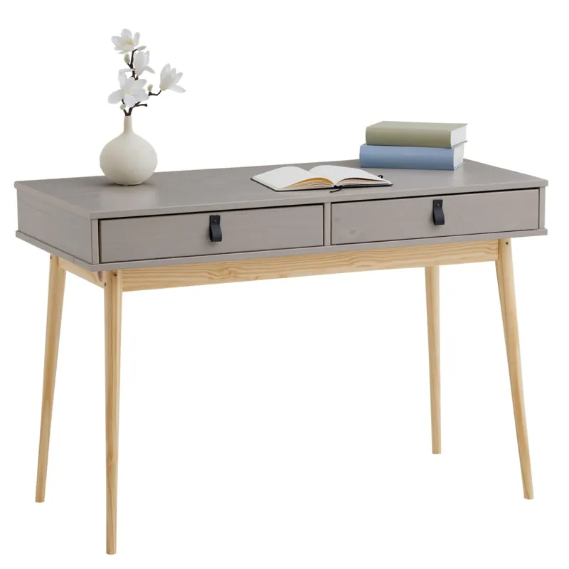 Schreibtisch WANDA mit 2 Schubladen aus Massivholz – Grau/Natur Markenprodukt