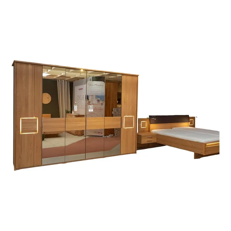 Sonderaktion Schlafzimmer MR Samoa Eiche Teilmassiv Drehtürenschrank Bett Konsolenpaar