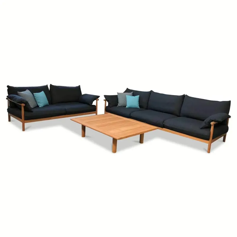 Garnitur Tibbo Outdoor 2 Sofas 569 Tabriz Charcoal Blue mit Kaffeetisch Teakholz Saisonangebot