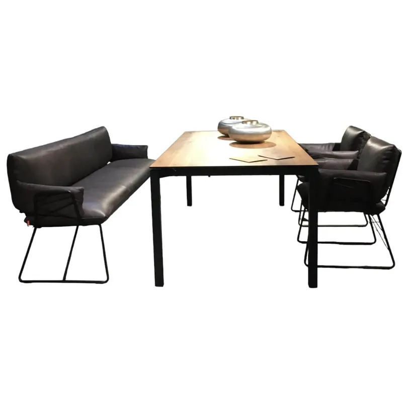 Preiswert Sitzgruppe 2 Stühle Leder Lomé Ebony Braun mit Bank Metall Schwarz