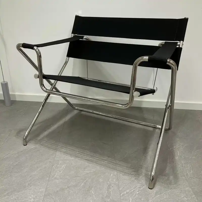 Bauhaus-Faltsessel Gestell Stahlrohr Vernickelt Bauhaus-Gurte Outdoor Schwarz Preisreduziert