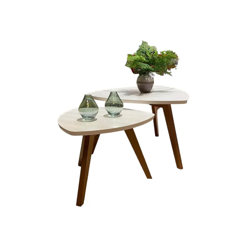 Couchtische Dreieck MDF-Platte Weiß Lack Füße Eiche Massiv Sonderangebot