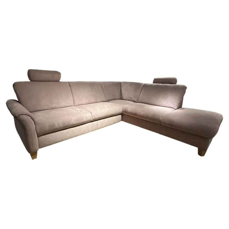 Must-Have Ecksofa Paula Bezug Stoff Belle Flieder Lila Grau Holzfuß Eiche Bianco Inklusive 2 Kopfstützen
