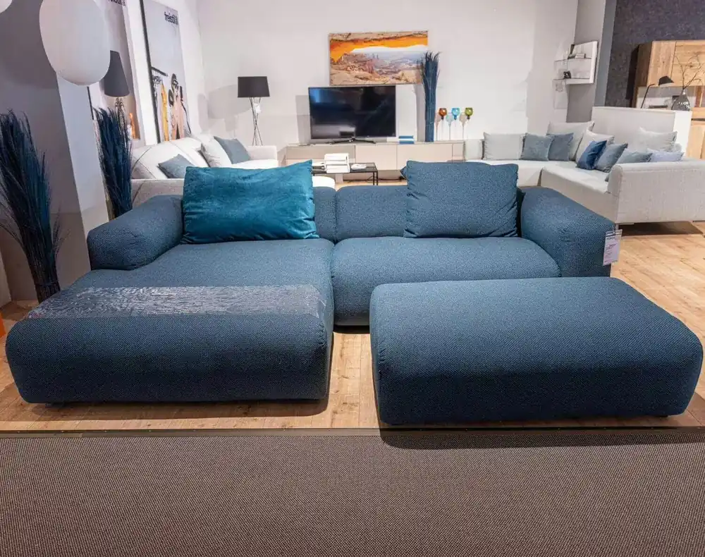 Ecksofa 187 Stoff 4025 Mittel Azurblau mit Hocker Preis Gesenkt