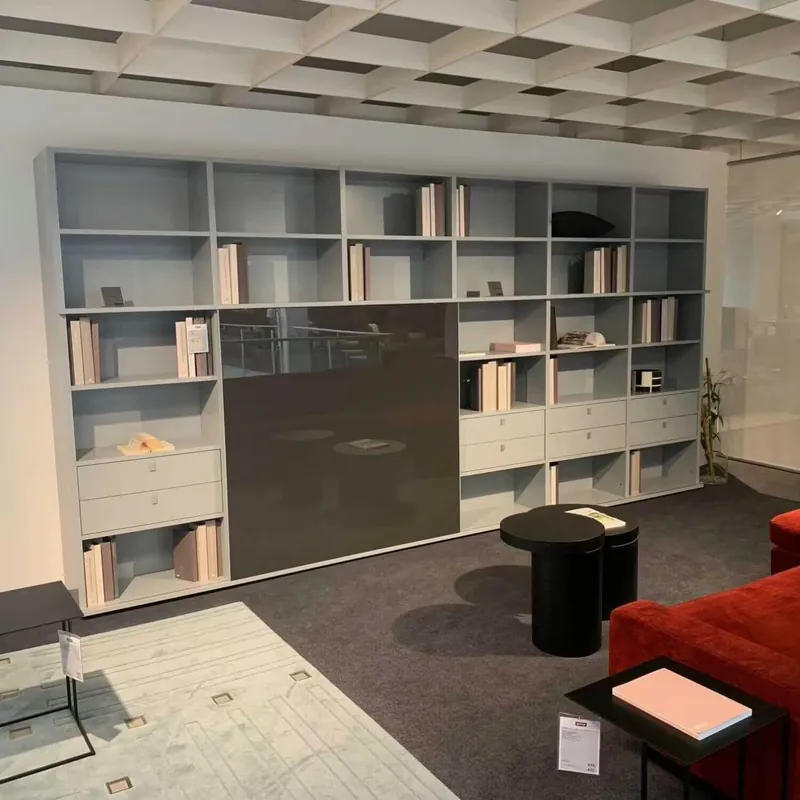 Anbauwand Studimo Lack M24 Zementgrau mit Schiebetür und Schubkästen Highlight