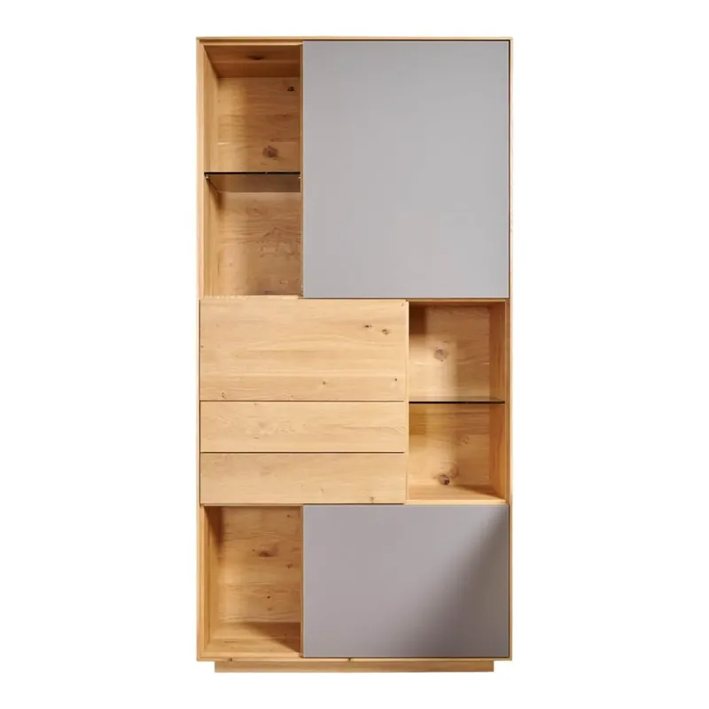 Vitrine Puro Style SY-772 Asteiche Gebürstet Massiv Glas Steingrau Matt Mit Sockel Bestpreis