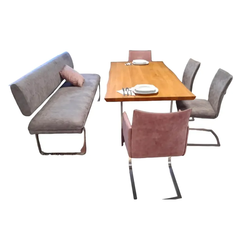Bestpreis Essgruppe Oviedo & Memphis Stoff Macy Rosewood Grau Rot Esstisch mit 4 Stühlen 1 Bank