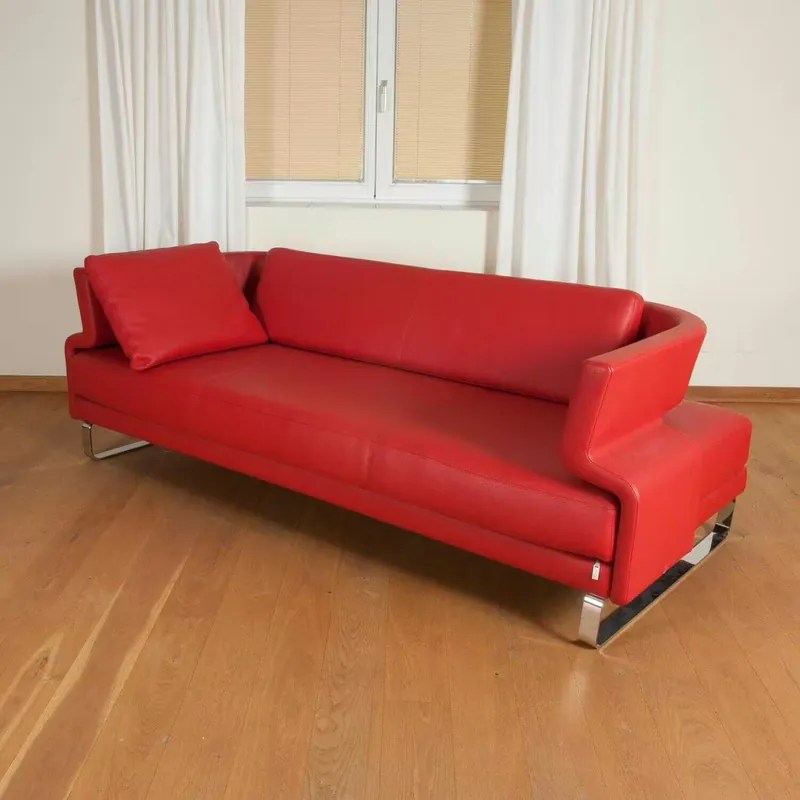 Sofa Leder Rosso Rot Gestell Metall Verchromt mit Hocker Aktuell