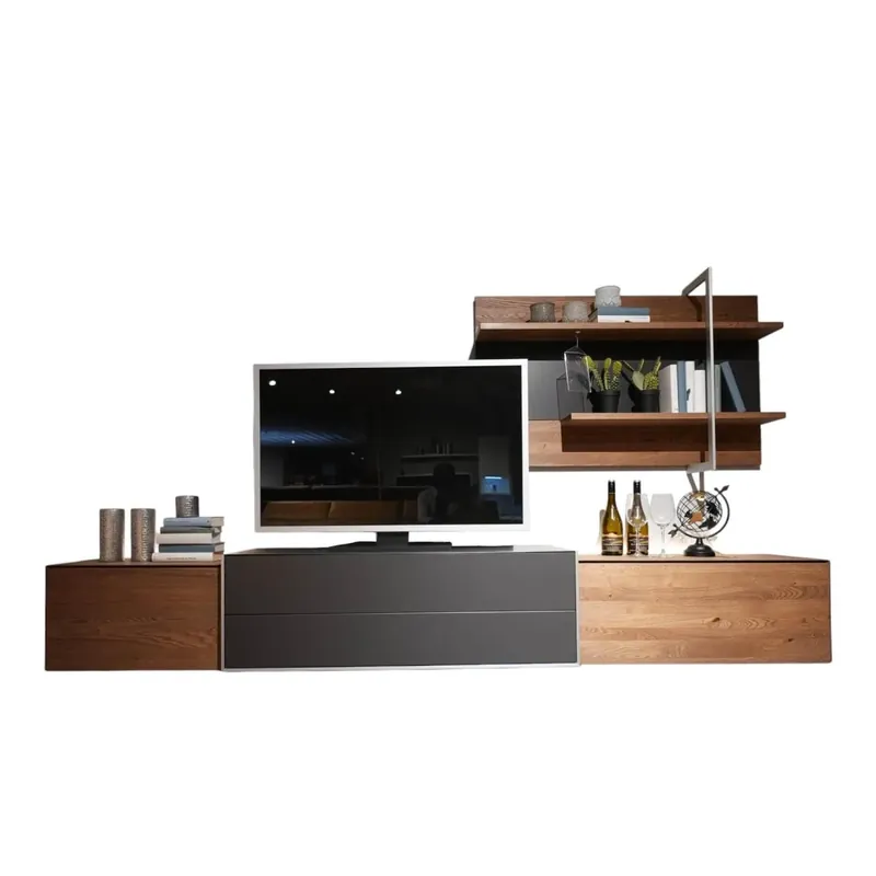 Wohnwand Media Design 5800001-343 Raucheiche Massiv Lackfarbton Schiefer Schwarz Beliebt