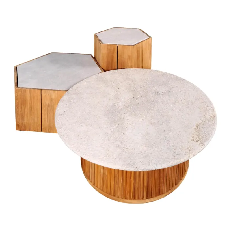 Nur Für Kurze Zeit 3-er Set Beistelltische Platte Muschelkalk Und Linen Gestell Teak