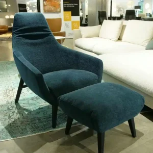 Saisonangebot Sessel Enzo Stoff 38 Blau Eiche Massiv Schwarz mit Hocker