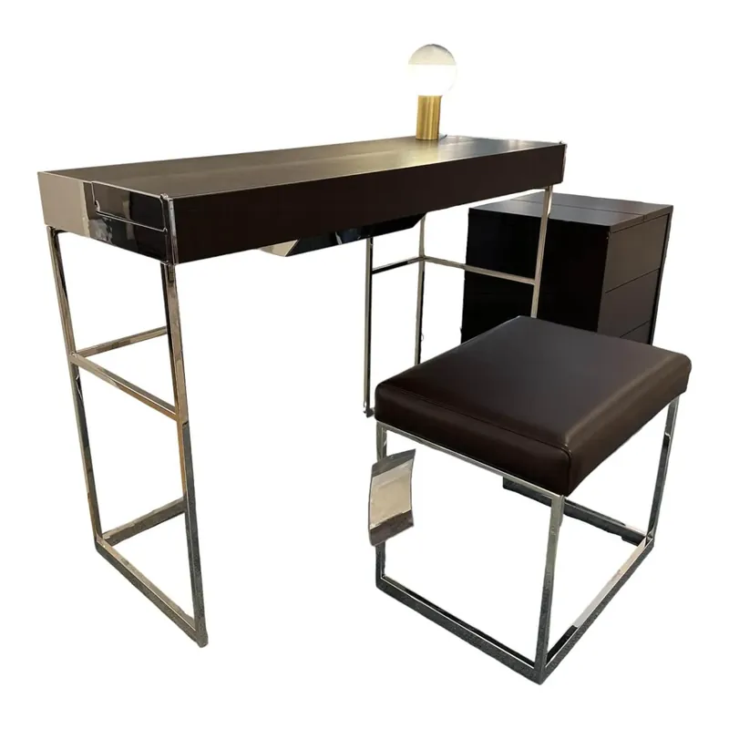 Online Kaufen Schreibtisch Magic Desk Choco Leder U. Edelstahl Poliert Mit Container Pulverlackiert Choco Und Hocker Edelstahl Poliert Polster Leder