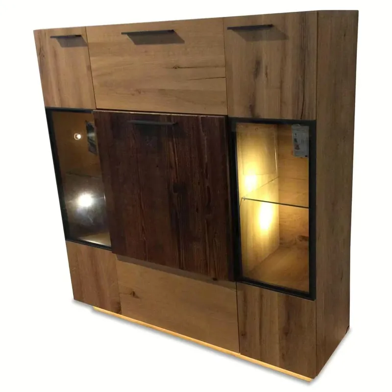 Zertifiziert Highboard Kitzalm-Novum Alteiche Natur Gebeizt Braun mit 2 Glastüren