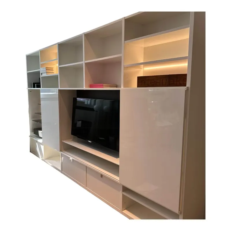Wohnwand Studimo Mattlack Schneeweiß Weiß Grau M03 Barfach Und TV-Feld Bronze Metallic M10 Mit Beleuchtung Abverkauf