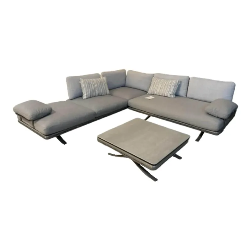 Ecksofa Yoko 219 Outdoor Stoff Grau Gestell Aluminium Feinstrukturiert Pulverbeschichtet Matt Anthrazit Mit Polsterkissen 20.654 Fehgrau Und 18.755 Graublau inkl. Couchtisch Mit Ablage Und Abdeckung Must-Have