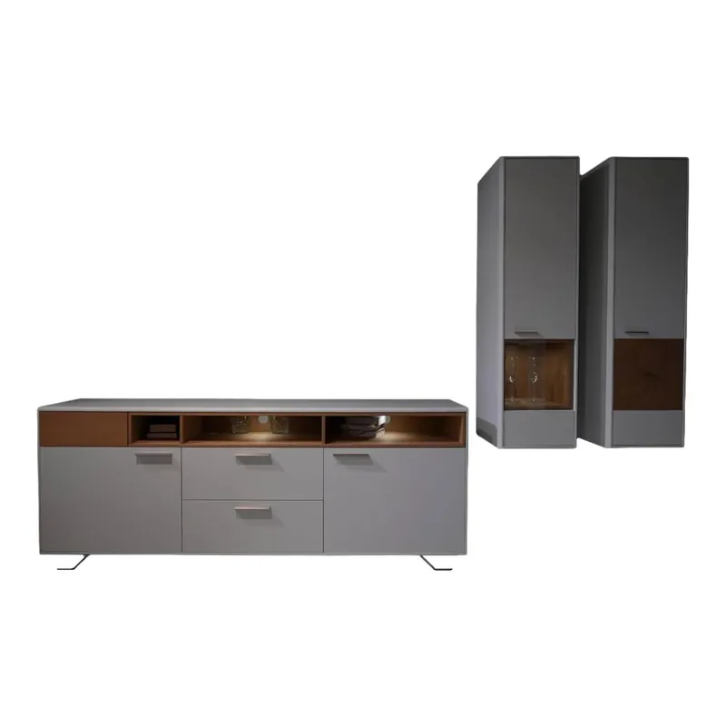 Online Kaufen Wohnwand 2102 Mit Sideboard Und 2 Hängevitrinen Mattlack Weiß Matt Asteiche Hell Furniert