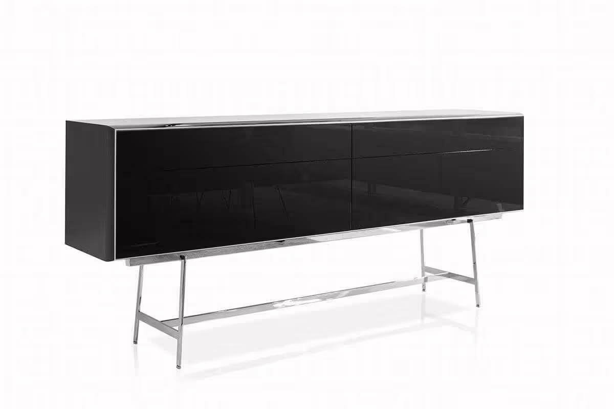 Sideboard S100 Holz Hochglanz Lackiert schwarz Metallgestell Edelstahl Poliert Echt
