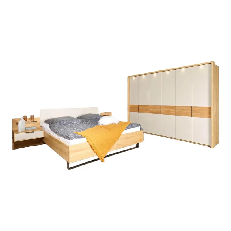 Finale Aktion Schlafzimmer Calina Mit Bett Holzbettkasten Ohne Matratzen Lattenroste Und 2 Nachttischen Schrank Eiche Teilmassiv Und Champagnerfarbenen Glastüren Mit Beleuchtung