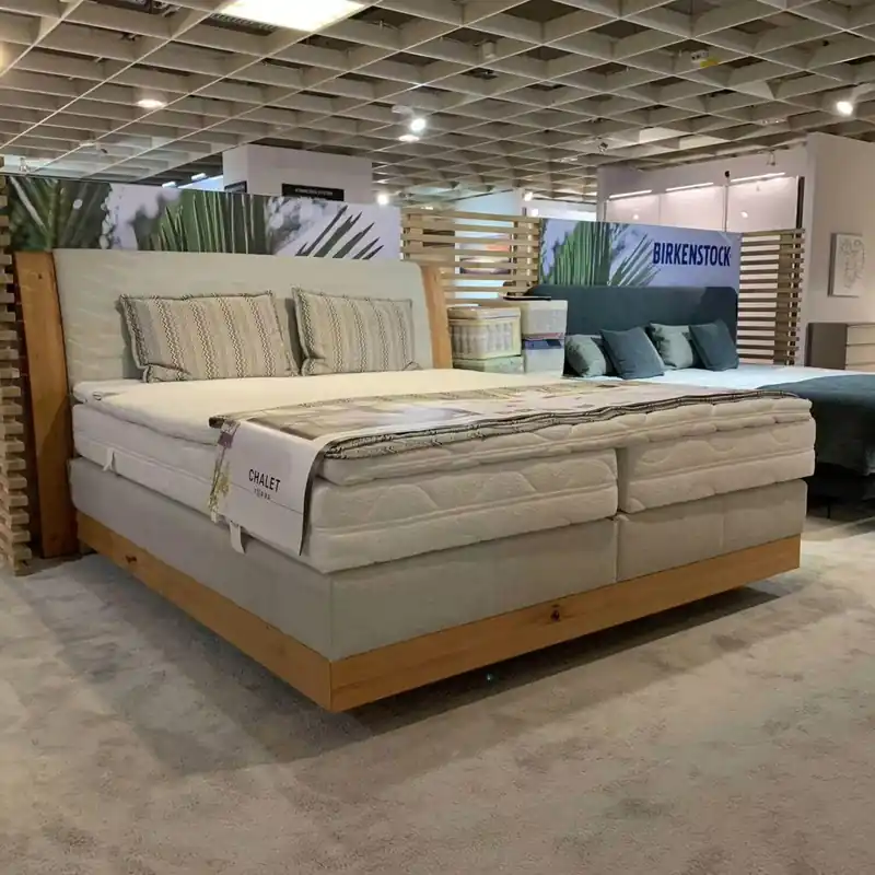 Boxspringbett Chalet Wildkernbuche Stoff Beige Grau mit 2 Matratzen Top-Preis