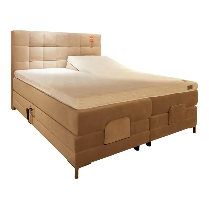 Bestpreis Motor-Boxspringbett Lifestyle Quadra Bezug Velvet Stone Beige Metallfuß Chrom Matratzen H2/H3, Geltex Split Topper Handschalter Matratzenstopper