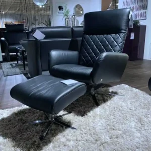 Einzelsessel MR2956 Leder Nachtschwarz mit Hocker Sonderangebot