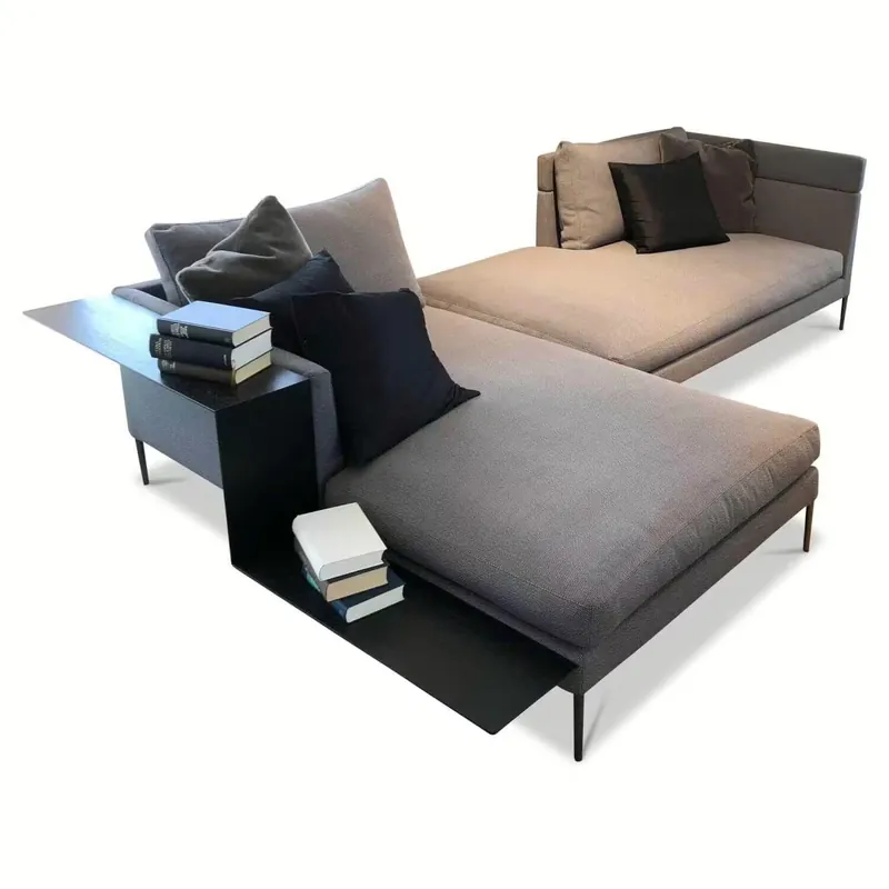 Aktuell Ecksofa Pilotis Stoff 12025 Steingrau mit 5 Kissen und Ablage in Eiche Massiv