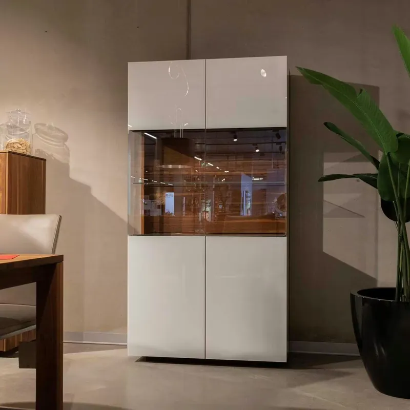 Geprüft Vitrine Cubus 10 Nussbaum Naturöl Farbglas Weiß Glänzend Klappgriff Edelstahl