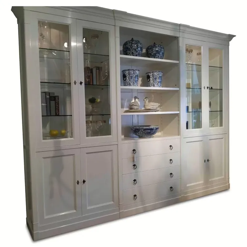 Anbauwand Massivholz Kirsche Weiss Patiniert Facettenglas inkl. Beleuchtung Rabatt