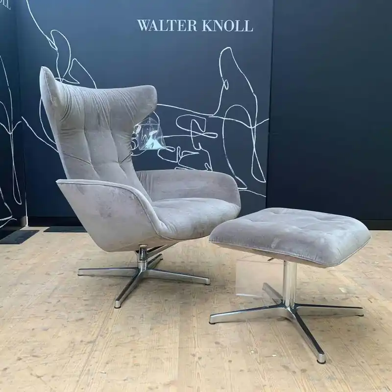 Sessel Onsa Chair Stoff Harald 2 242 Mineral Aluminium Hochglanz mit Hocker Must-Have