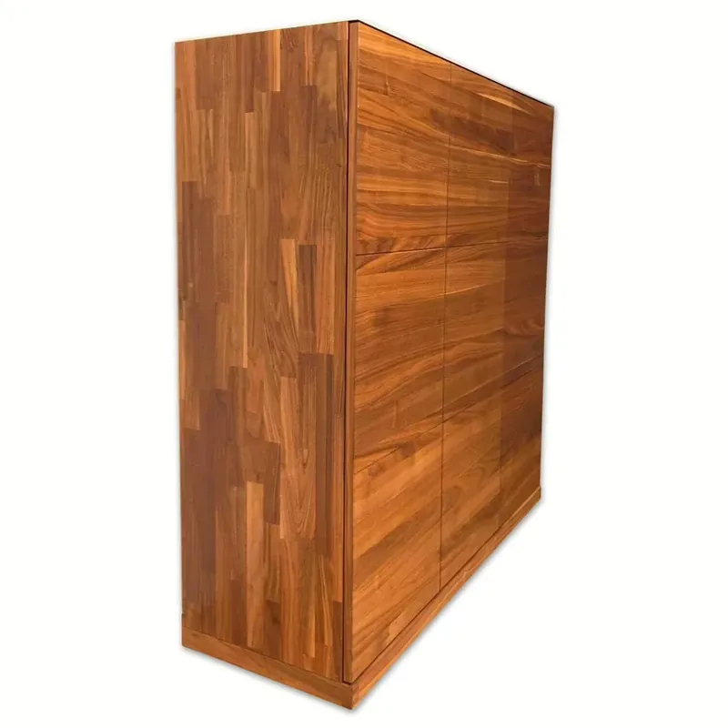 Highboard Cubus Quadrat Nussbaum Massiv Abdeckplatte Farbglas Kiesel Matt Neuheit
