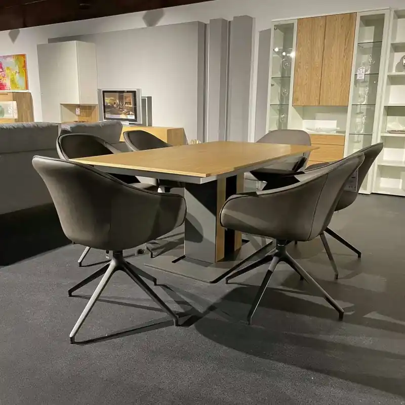 Top-Preis Esstischgruppe 7-Teilig Tisch Natureiche mit Anlegeplatte 6 Stühle S700 Leder 4101 Grau