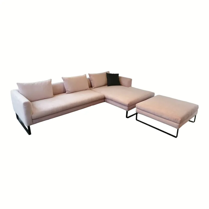 Kracherpreis Ecksofa Avola Stoff Matrix Rosa Metallkufe Schwarz mit Hocker