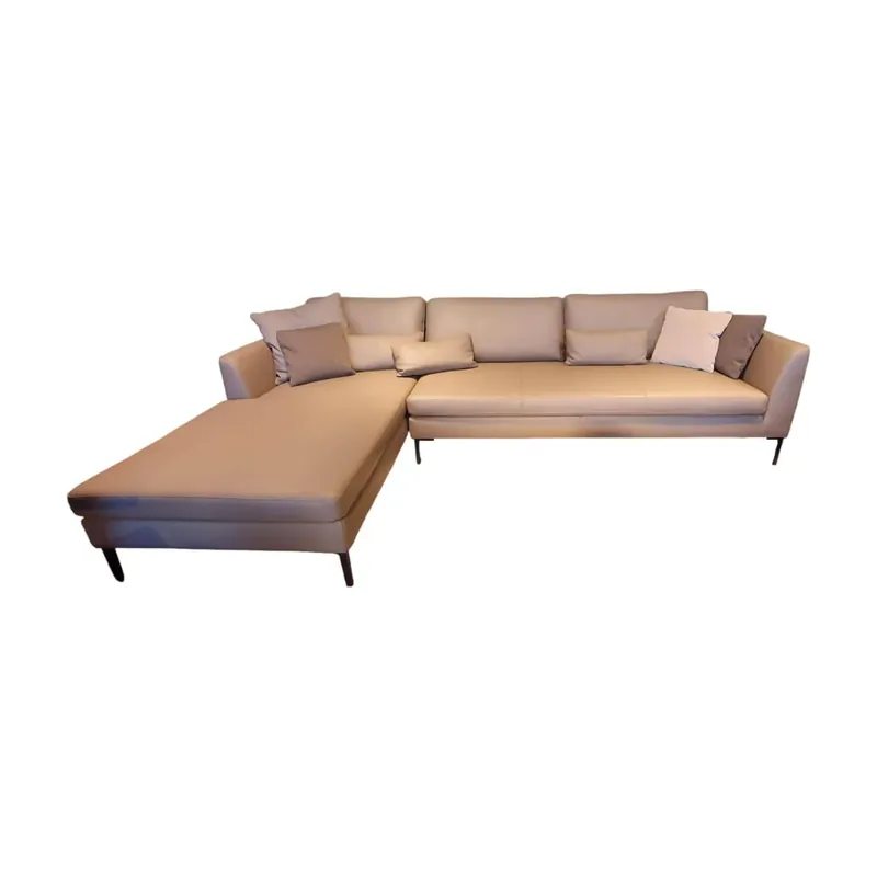 Mioko Ecksofa Bezug Leder Beigegrau Untergestell Massivholz Füße Stahl Lackiert Schwarz Inklusive 6 Kissen Top-Preis