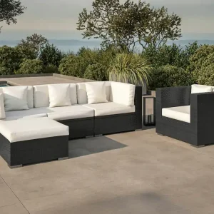 OUTFLEXX Gartenlounge, creme/weiß, schwarz, Polyrattan, für 5 Personen, wasserfeste Kissenbox Zertifiziert