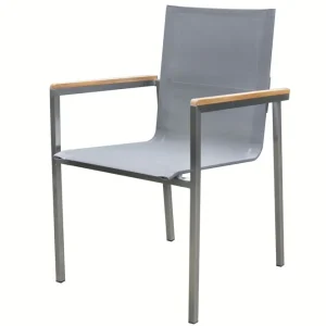 Ausverkauf OUTFLEXX Stapelsessel, taupe, Edelstahl/Textilene, Armlehnen aus Teak, 62x56x88cm