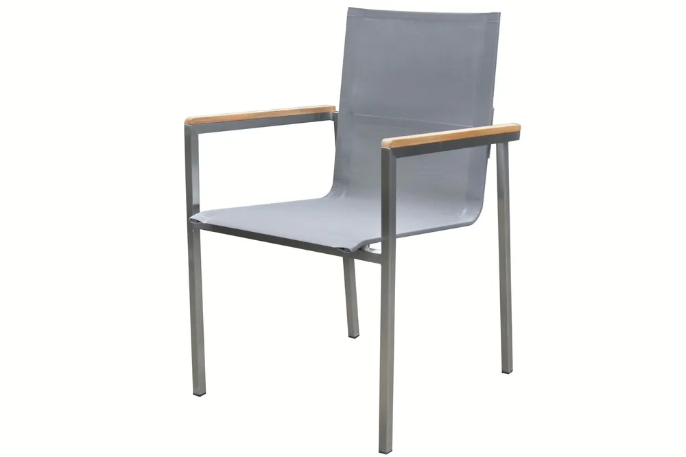 Ausverkauf OUTFLEXX Stapelsessel, taupe, Edelstahl/Textilene, Armlehnen aus Teak, 62x56x88cm