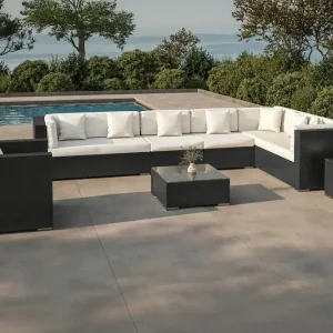 Markenprodukt OUTFLEXX Gartenlounge, schwarz, Polyrattan, für 8 Personen, inkl. Kaffeetisch, wasserfeste Kissenbox