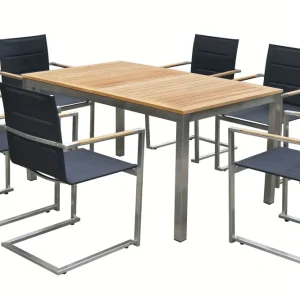 OUTFLEXX Garten-Essgruppe, schwarz, Edelstahl/Teak, Tisch 180/240 x 100 cm, 6 Stapelstühle gepolstert, FSC®-zertifiziertes Produkt Knallerangebot