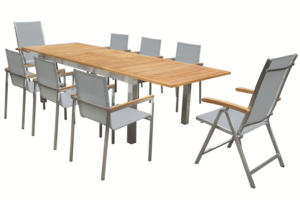 OUTFLEXX Garten-Essgruppe, silber, 200/300 x 100 cm, Edelstahl/Teak, Ausziehtisch, 6 Stapelstühle, 2 Klappstühle, FSC®-zertifiziertes Produkt Angebot