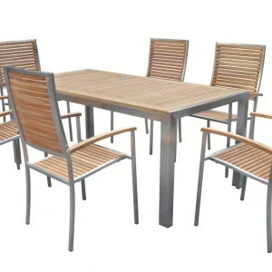 OUTFLEXX Garten-Essgruppe, natur, Edelstahl/Teak, Esstisch 180x90cm, 6 Hochlehner, FSC®-zertifiziertes Produkt Sichere Zahlung