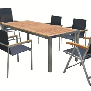 Solange Der Vorrat Reicht OUTFLEXX Garten-Essgruppe, schwarz, Edelstahl/Teak, Tisch 200 x 90 cm, 4 Stapelstühle, 2 Klappstühle