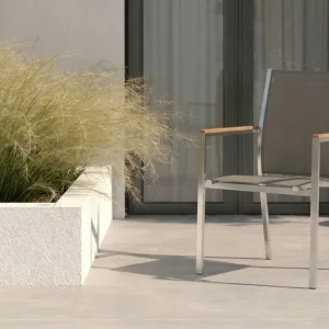 Neu STERN Cardiff Stapelsessel, silber/taupe, Edelstahl/Textil, ca. 61x57x92 cm, Armlehnen Teak