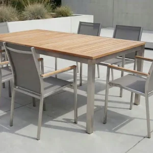 STERN Cardiff Garten-Essgruppe, silber/taupe, Edelstahl/Teak, Tisch 180/240 x 100 cm, 6 Stapelsessel, FSC®-zertifiziertes Produkt Beliebt