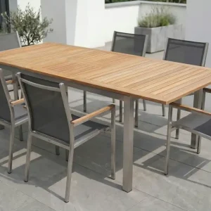 Jetzt Kaufen STERN Cardiff Garten-Essgruppe, silber/silbergrau, Edelstahl/Teak, Tisch 180/240 x 100 cm, 6 Stapelsessel, FSC®-zertifiziertes Produkt