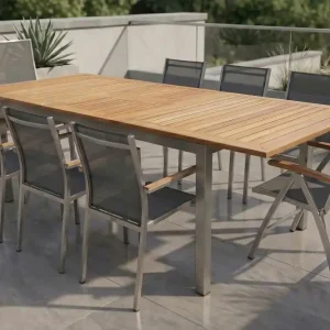 STERN Cardiff Garten-Essgruppe, silber/silbergrau, Edelstahl/Teak, Tisch 180/240 x 100 cm, 6 Stapel-, 2 Klappstühle, FSC®-zertifiziertes Produkt Abverkauf