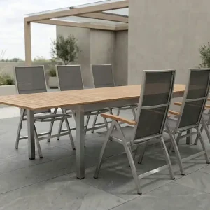 Top-Seller STERN Cardiff Garten-Essgruppe, silber/silbergrau, Edelstahl/Teak, Tisch 200/300 x 100 cm, 6 Klappstühle, FSC®-zertifiziertes Produkt