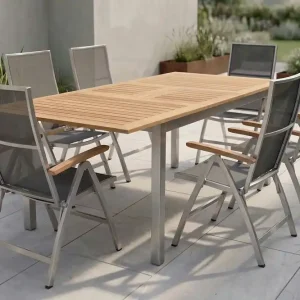 Knallerangebot STERN Cardiff Garten-Essgruppe, silber/silbergrau, Edelstahl/Teak, Tisch 150/200 x 90 cm, 6 Klappstühle