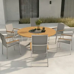 Neue Ware STERN Cardiff Garten-Essgruppe, silber/silbergrau, Edelstahl/Teak, Tisch Ø 170 cm, 4 Stapel-, 2 Klappstühle, FSC®-zertifiziertes Produkt